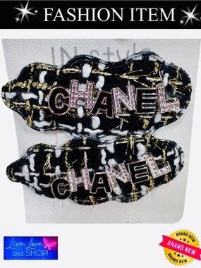 A-1DC-34: BARRETTES: 2 Piece CC Black, White, & Gold w/Rhinestones, NWOT